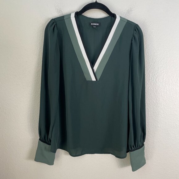 Express Womens Small V Neck Long Sleeve Blouse Green Shirt Preppy Academia - Picture 7 of 10